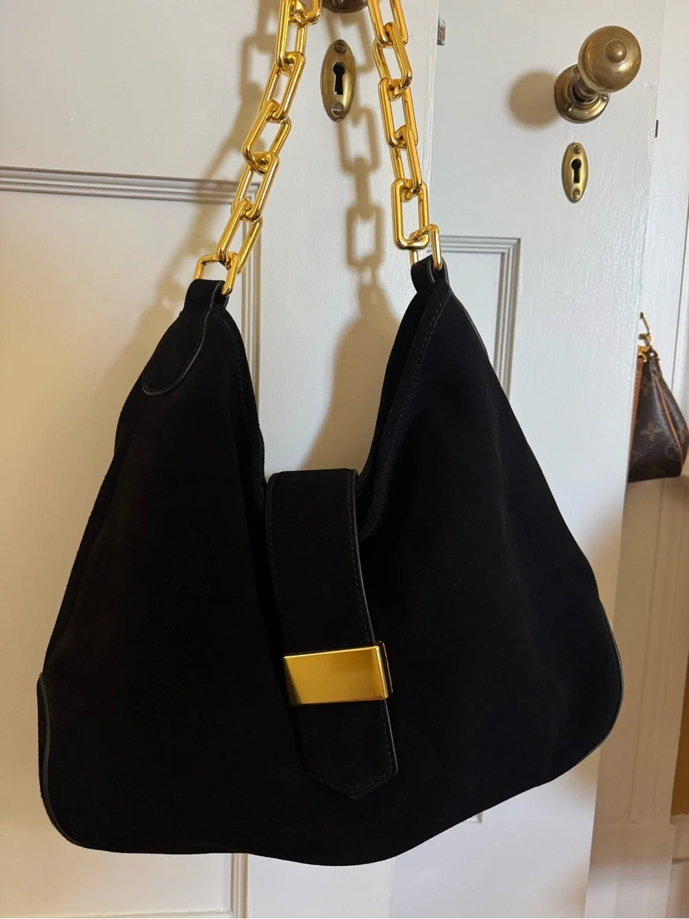 J.Crew - Berkeley Black Suede Chainlink Shoulder Hobo Bag w/ Gold Hardware